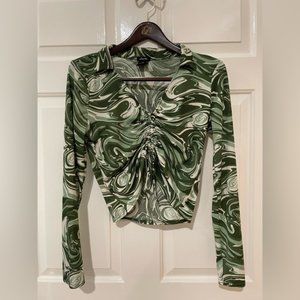 Justify. Crop top, rouched. Olive green.No snags, stains. Measurements in pic